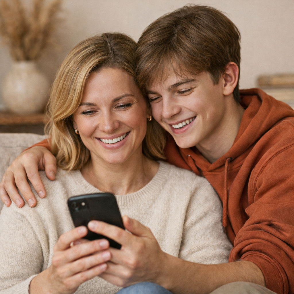 Мама с сыном-подростком вместе смотрят в телефон